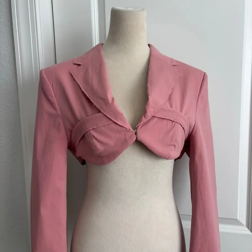 ZARA Pink Cropped Blazer Jacket Wrap Tie Waist Blogger Favorite Size Large L